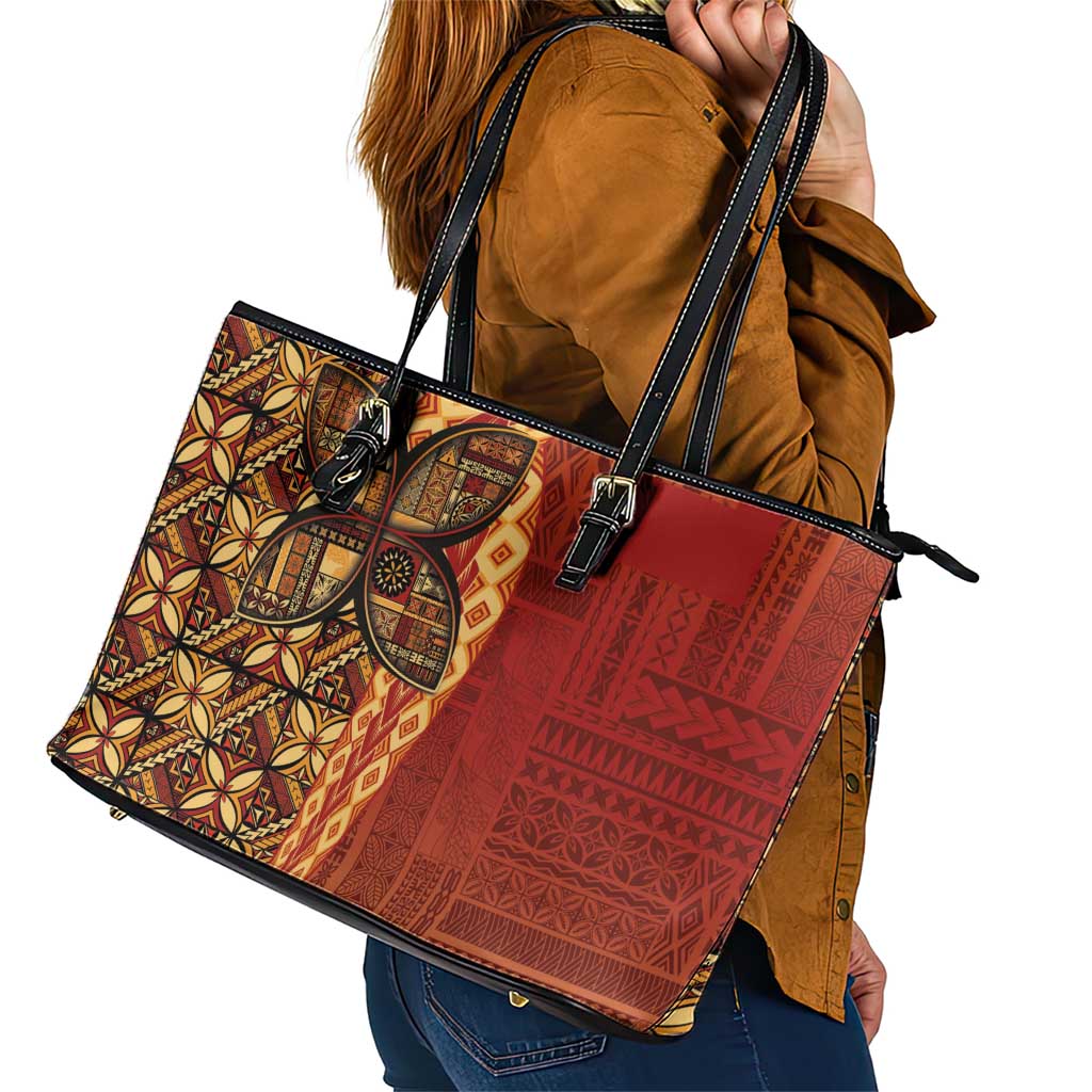 Samoan Pacific Tribal Flower Geometric Art Tattoos Leather Tote Bag Siapo Pattern Flame Sunset - Polynesian Pride