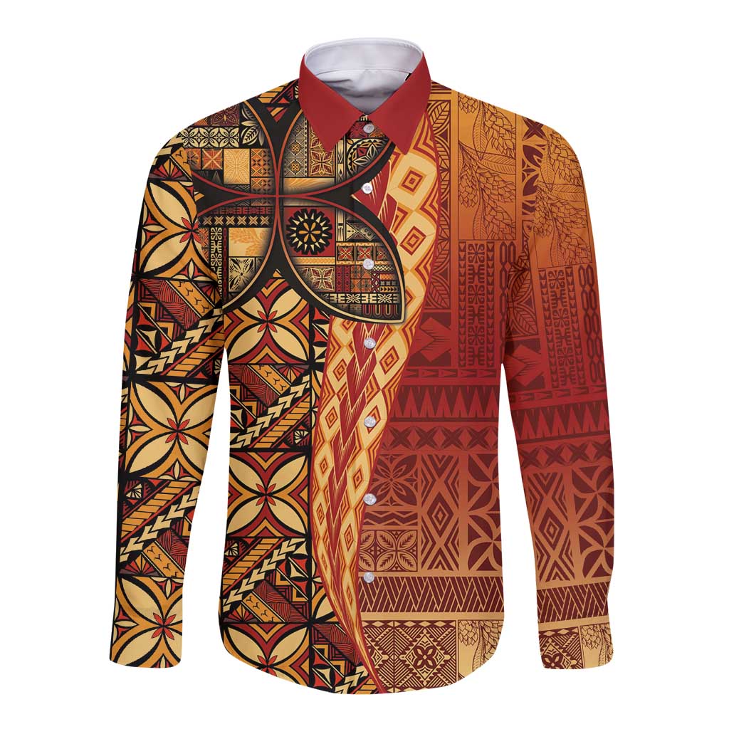 Samoan Pacific Tribal Flower Geometric Art Tattoos Long Sleeve Button Shirt Siapo Pattern Flame Sunset - Polynesian Pride