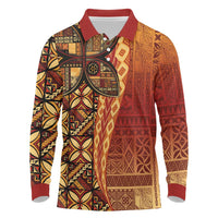 Samoan Pacific Tribal Flower Geometric Art Tattoos Long Sleeve Polo Shirt Siapo Pattern Flame Sunset - Polynesian Pride