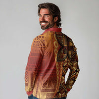 Samoan Pacific Tribal Flower Geometric Art Tattoos Long Sleeve Polo Shirt Siapo Pattern Flame Sunset - Polynesian Pride