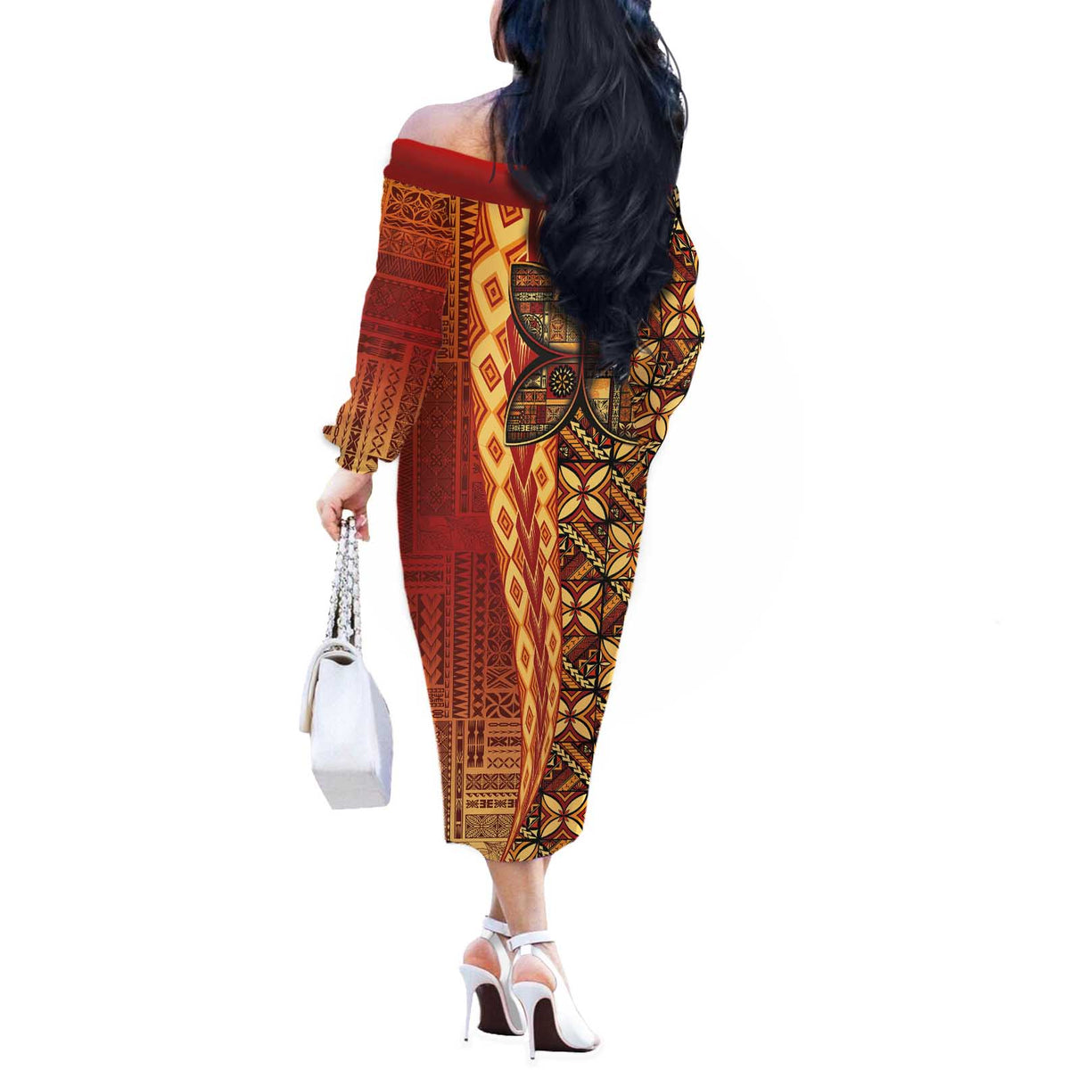 Samoan Pacific Tribal Flower Geometric Art Tattoos Off The Shoulder Long Sleeve Dress Siapo Pattern Flame Sunset - Polynesian Pride