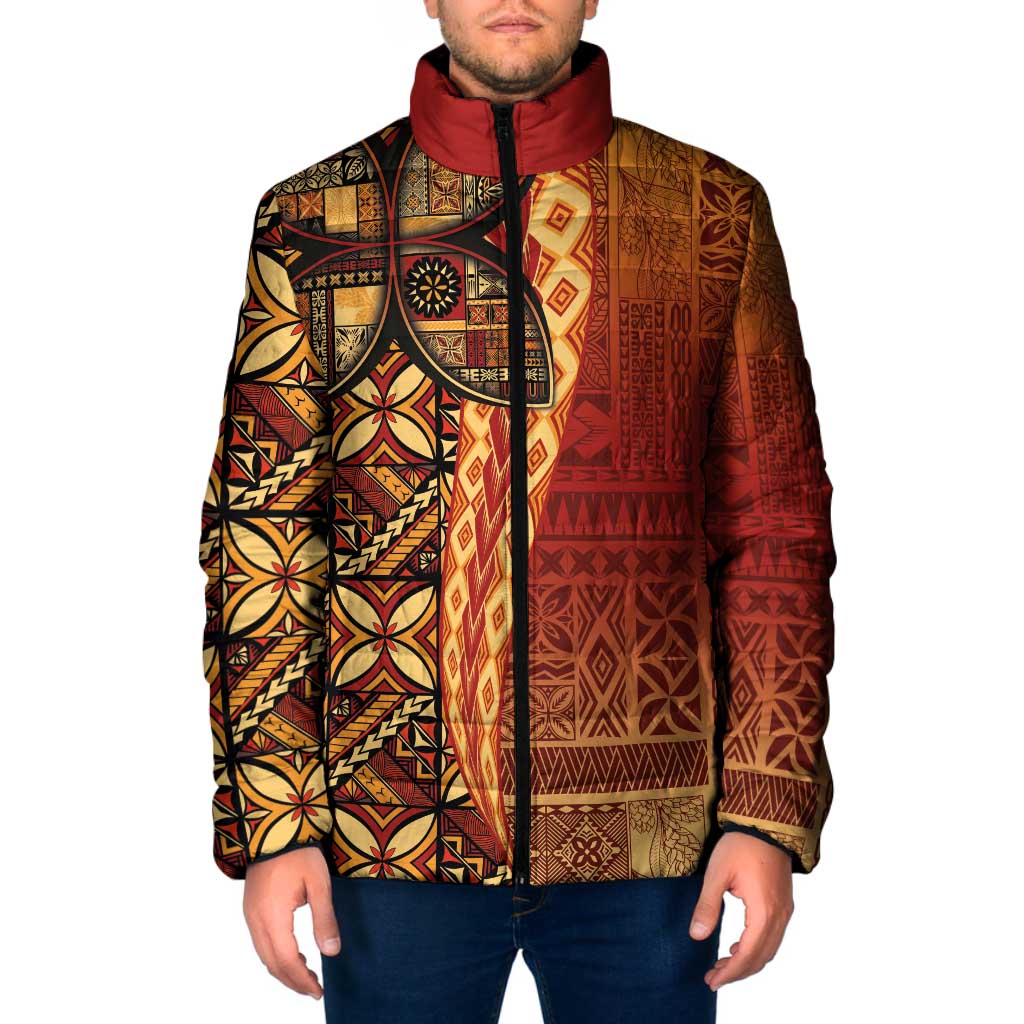 Samoan Pacific Tribal Flower Geometric Art Tattoos Padded Jacket Siapo Pattern Flame Sunset - Polynesian Pride