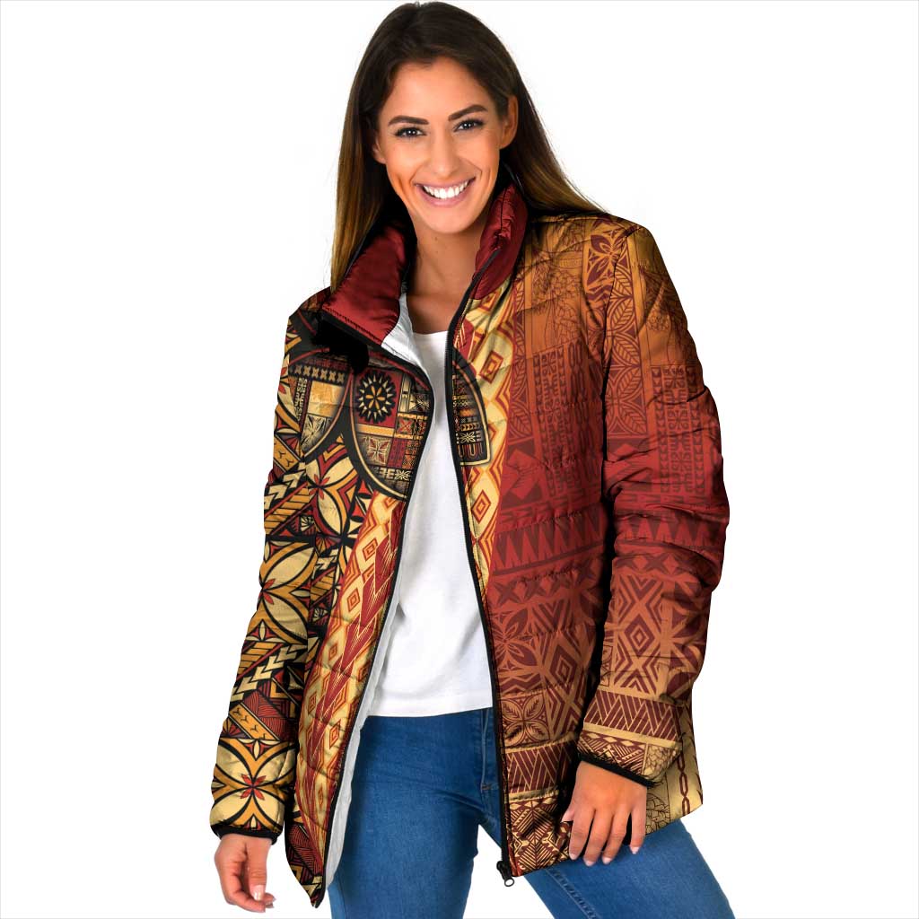 Samoan Pacific Tribal Flower Geometric Art Tattoos Padded Jacket Siapo Pattern Flame Sunset - Polynesian Pride