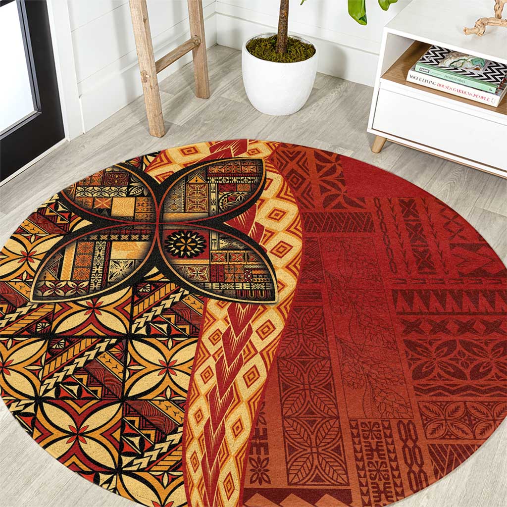 Samoan Pacific Tribal Flower Geometric Art Tattoos Round Carpet Siapo Pattern Flame Sunset - Polynesian Pride