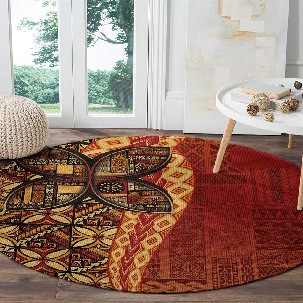 Samoan Pacific Tribal Flower Geometric Art Tattoos Round Carpet Siapo Pattern Flame Sunset - Polynesian Pride