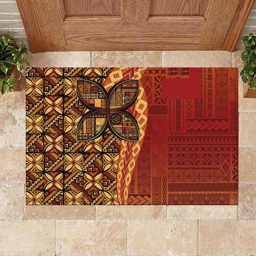 Samoan Pacific Tribal Flower Geometric Art Tattoos Rubber Doormat Siapo Pattern Flame Sunset - Polynesian Pride