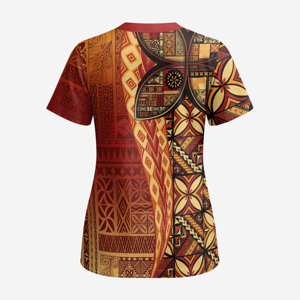 Samoan Pacific Tribal Flower Geometric Art Tattoos Scrub Top Siapo Pattern Flame Sunset - Polynesian Pride
