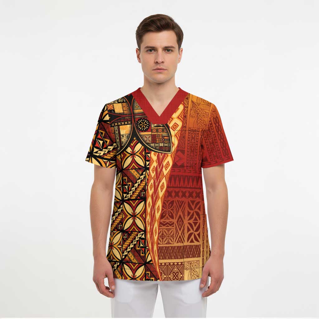 Samoan Pacific Tribal Flower Geometric Art Tattoos Scrub Top Siapo Pattern Flame Sunset - Polynesian Pride