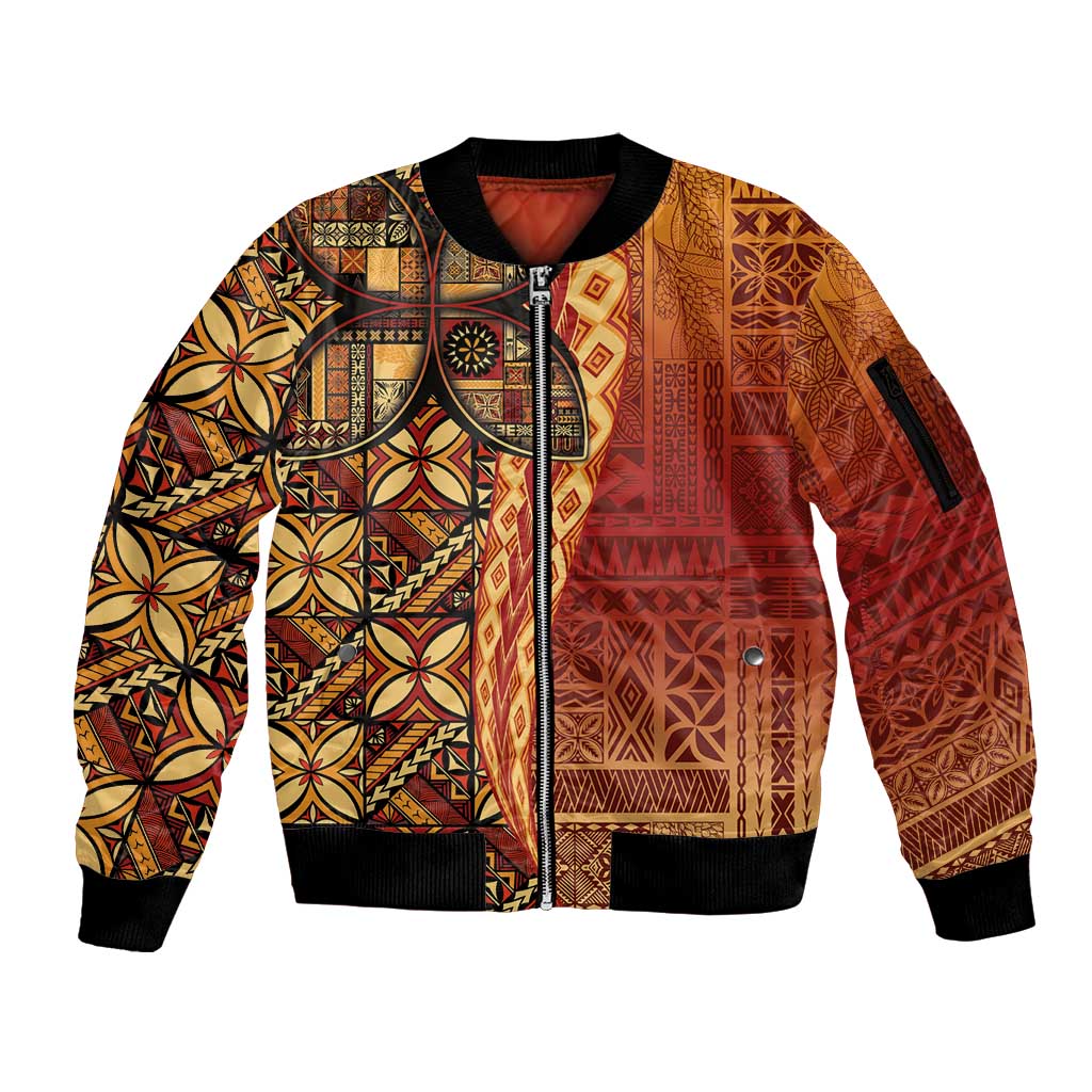 Samoan Pacific Tribal Flower Geometric Art Tattoos Sleeve Zip Bomber Jacket Siapo Pattern Flame Sunset - Polynesian Pride