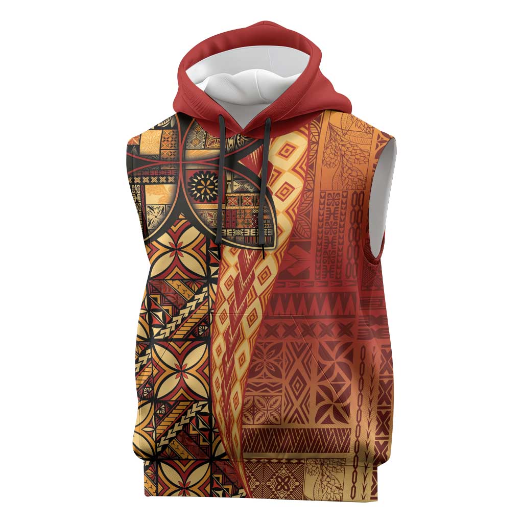 Samoan Pacific Tribal Flower Geometric Art Tattoos Sleeveless Hoodie Siapo Pattern Flame Sunset - Polynesian Pride