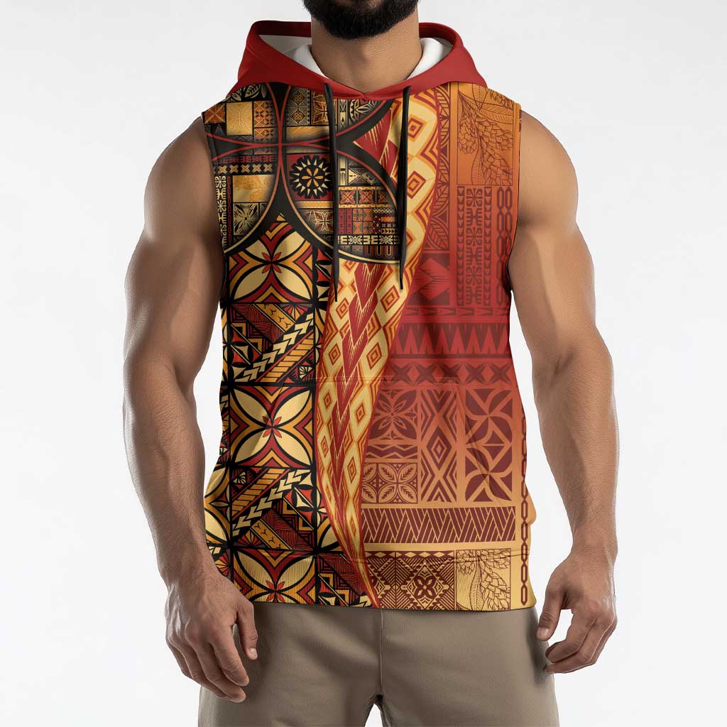 Samoan Pacific Tribal Flower Geometric Art Tattoos Sleeveless Hoodie Siapo Pattern Flame Sunset - Polynesian Pride