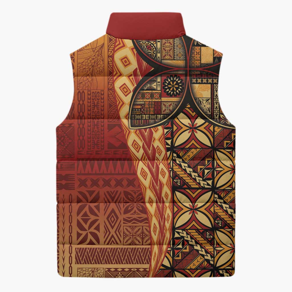 Samoan Pacific Tribal Flower Geometric Art Tattoos Sleeveless Puffer Jacket Siapo Pattern Flame Sunset - Polynesian Pride