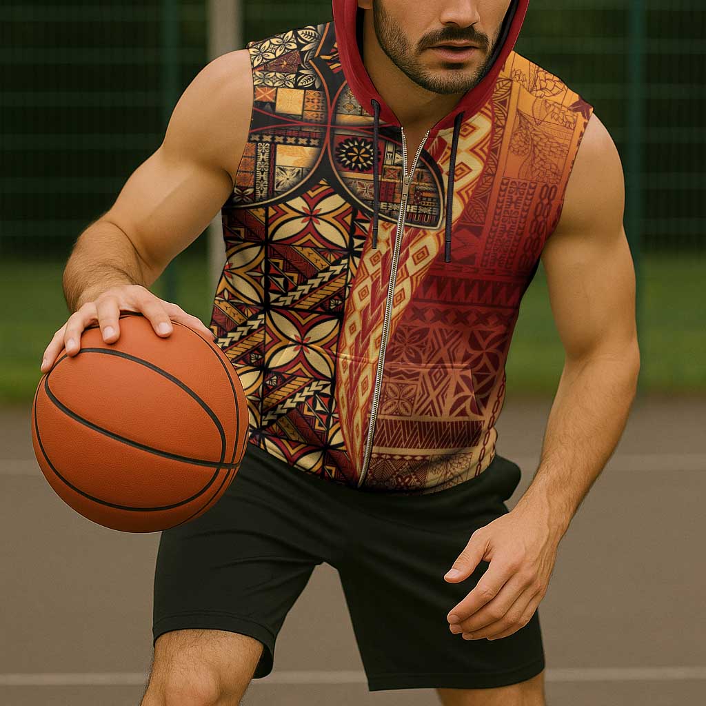 Samoan Pacific Tribal Flower Geometric Art Tattoos Sleeveless Zip Hoodie Siapo Pattern Flame Sunset - Polynesian Pride