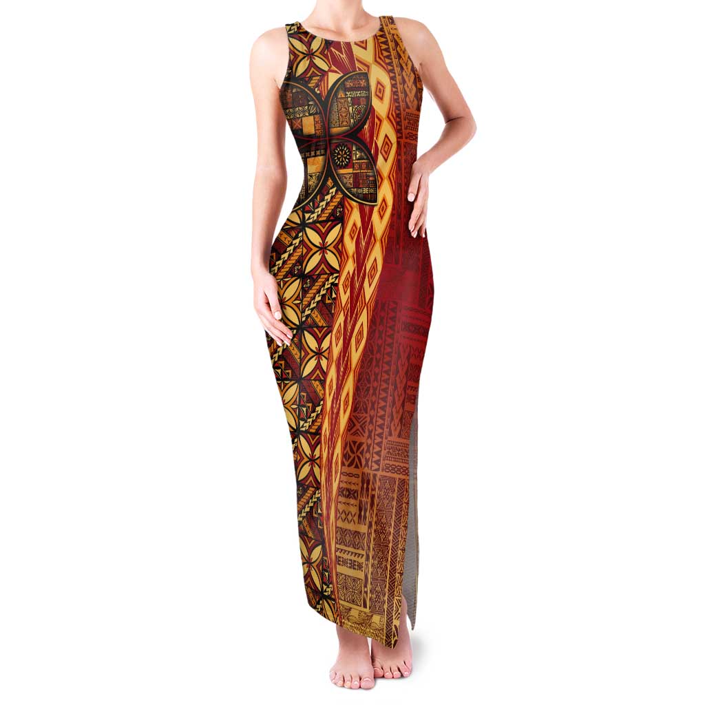 Samoan Pacific Tribal Flower Geometric Art Tattoos Tank Maxi Dress Siapo Pattern Flame Sunset - Polynesian Pride