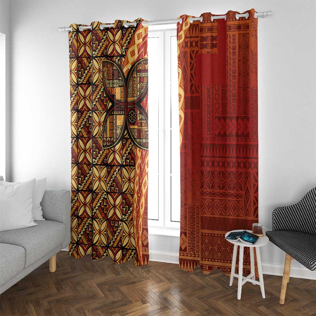 Samoan Pacific Tribal Flower Geometric Art Tattoos Window Curtain Siapo Pattern Flame Sunset LT03 With Grommets Red - Polynesian Pride