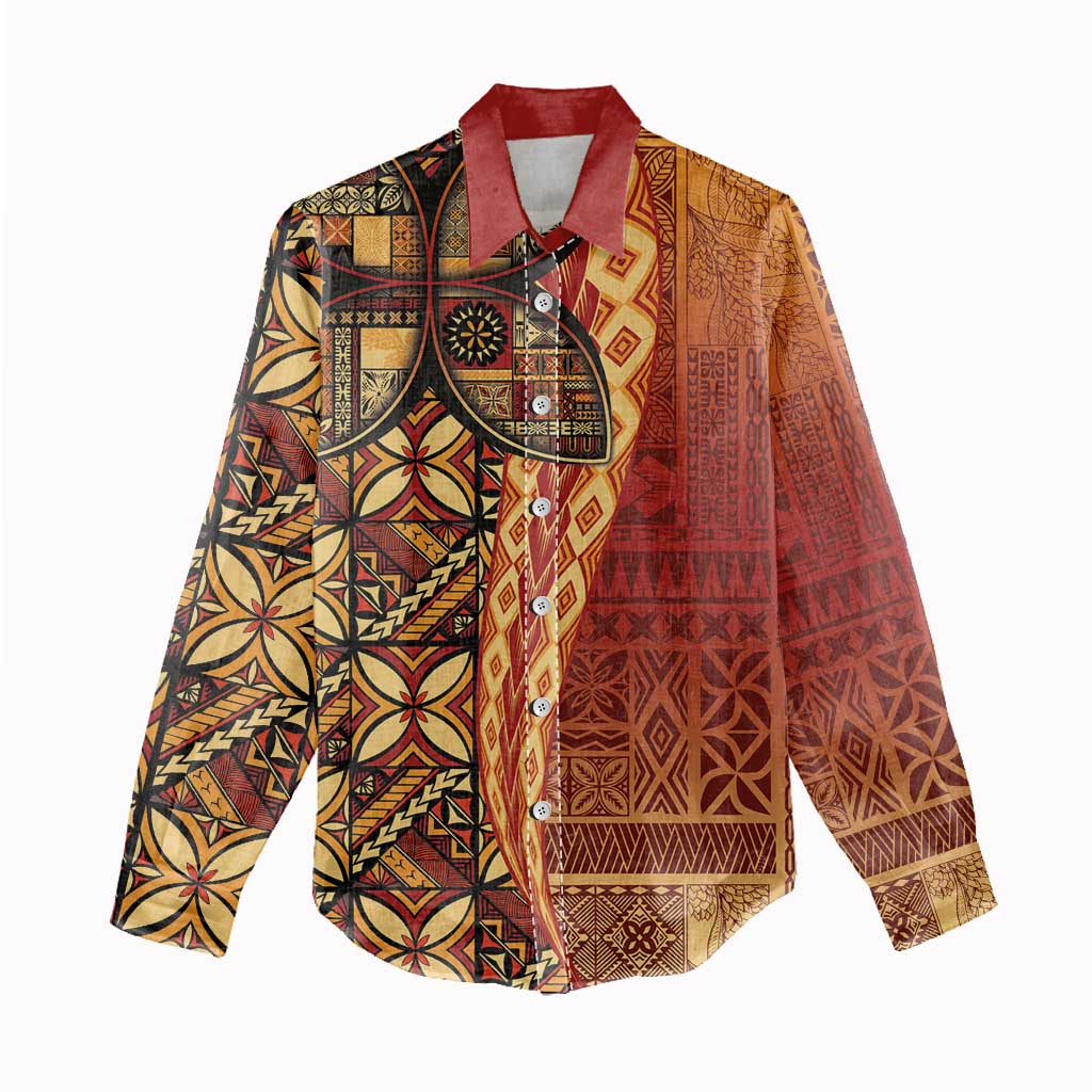 Samoan Pacific Tribal Flower Geometric Art Tattoos Women Casual Shirt Siapo Pattern Flame Sunset - Polynesian Pride