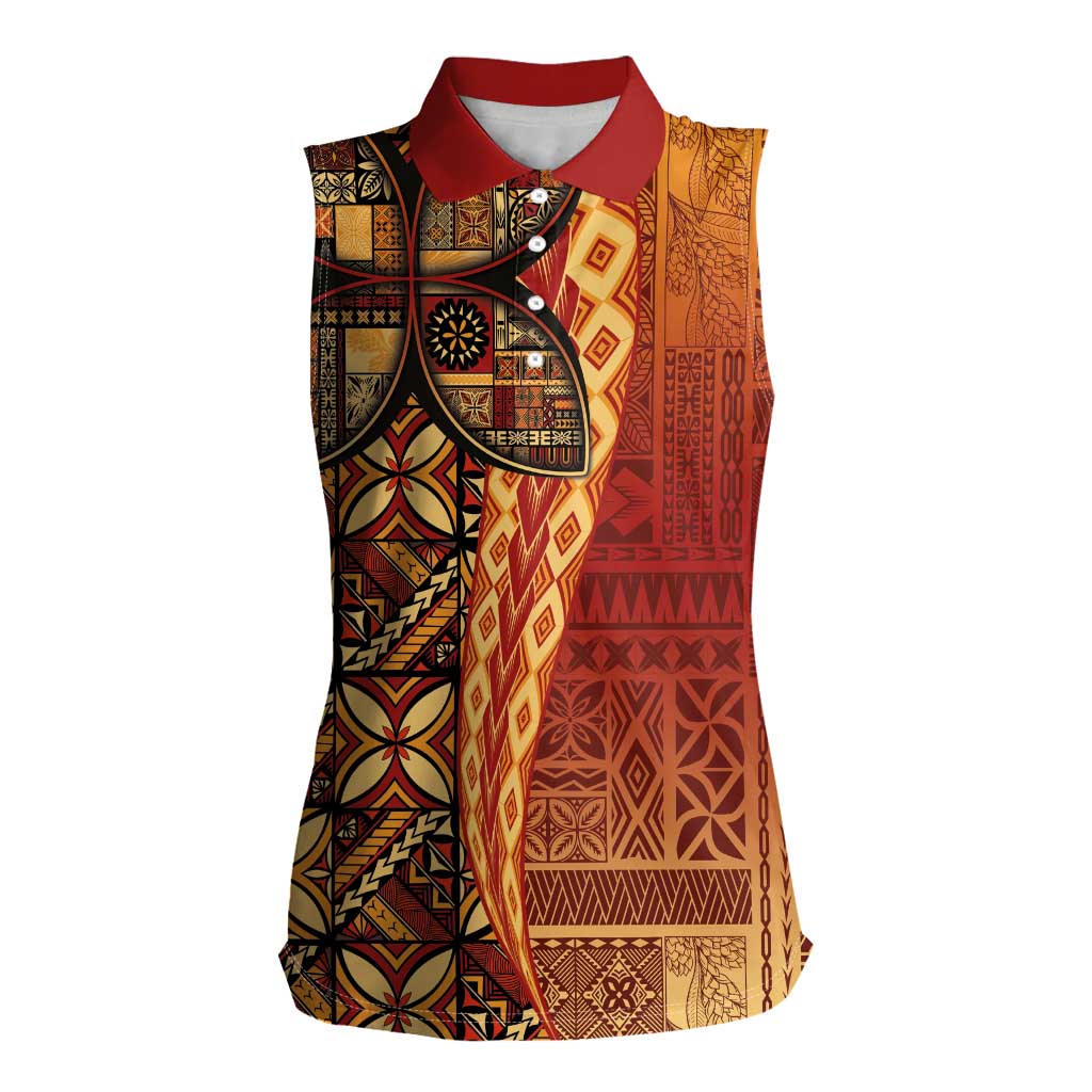 Samoan Pacific Tribal Flower Geometric Art Tattoos Women Sleeveless Polo Shirt Siapo Pattern Flame Sunset - Polynesian Pride