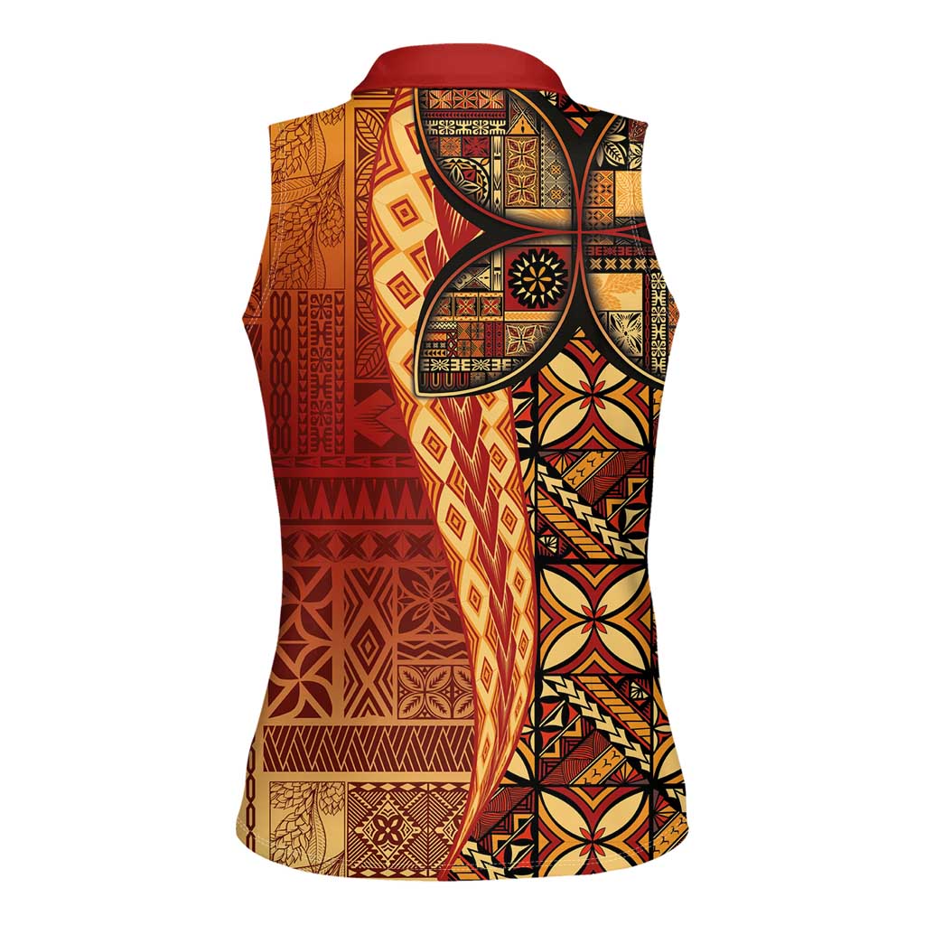 Samoan Pacific Tribal Flower Geometric Art Tattoos Women Sleeveless Polo Shirt Siapo Pattern Flame Sunset - Polynesian Pride