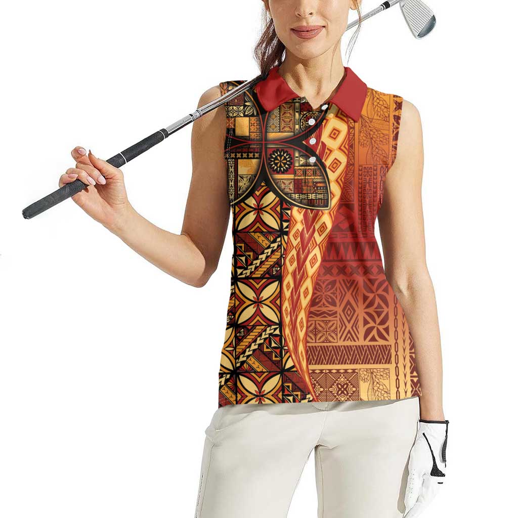 Samoan Pacific Tribal Flower Geometric Art Tattoos Women Sleeveless Polo Shirt Siapo Pattern Flame Sunset - Polynesian Pride