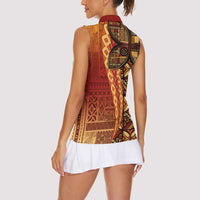 Samoan Pacific Tribal Flower Geometric Art Tattoos Women Sleeveless Polo Shirt Siapo Pattern Flame Sunset - Polynesian Pride