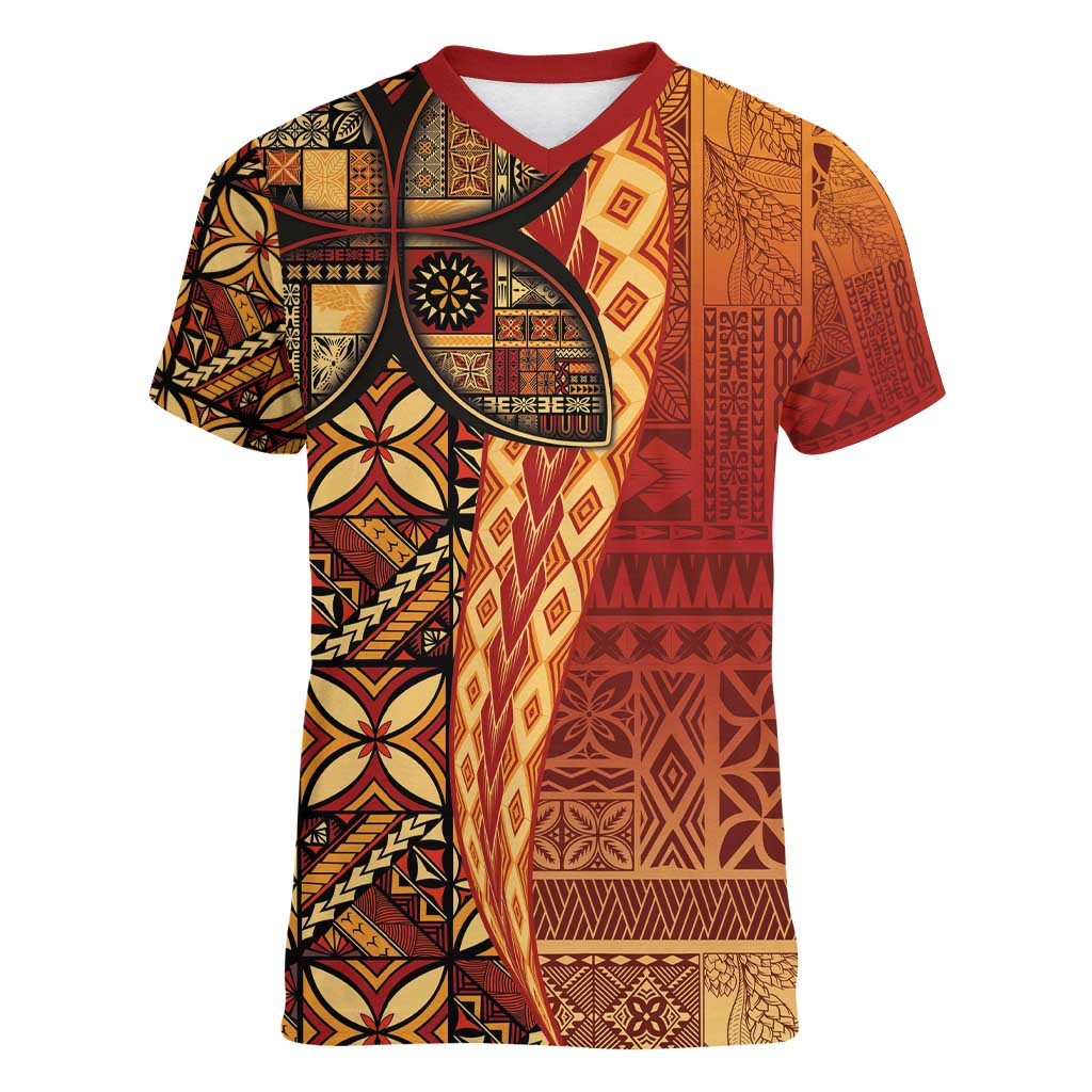 Samoan Pacific Tribal Flower Geometric Art Tattoos Women V-Neck T-Shirt Siapo Pattern Flame Sunset - Polynesian Pride