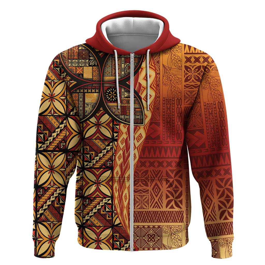 Samoan Pacific Tribal Flower Geometric Art Tattoos Zip Hoodie Siapo Pattern Flame Sunset - Polynesian Pride