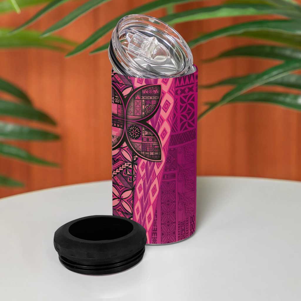 Samoan Pacific Tribal Flower Geometric Art Tattoos 4 in 1 Can Cooler Tumbler Siapo Pattern Romantic Rose - Polynesian Pride