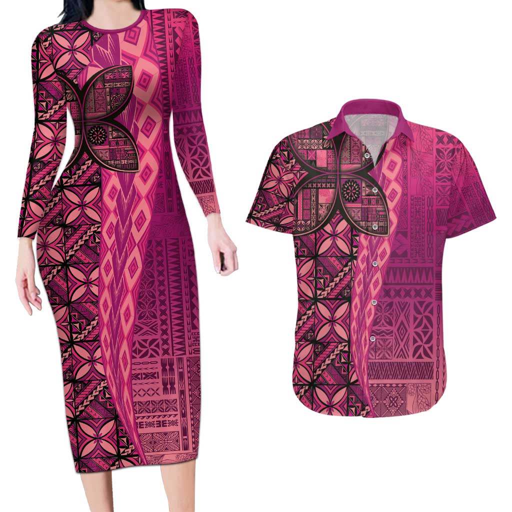 Samoan Pacific Tribal Flower Geometric Art Tattoos Couples Matching Long Sleeve Bodycon Dress and Hawaiian Shirt Siapo Pattern Romantic Rose - Polynesian Pride