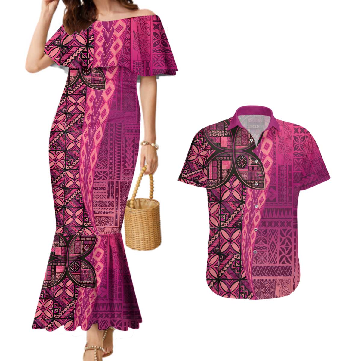 Samoan Pacific Tribal Flower Geometric Art Tattoos Couples Matching Mermaid Dress and Hawaiian Shirt Siapo Pattern Romantic Rose - Polynesian Pride