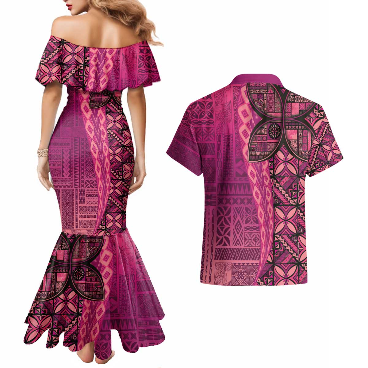 Samoan Pacific Tribal Flower Geometric Art Tattoos Couples Matching Mermaid Dress and Hawaiian Shirt Siapo Pattern Romantic Rose - Polynesian Pride