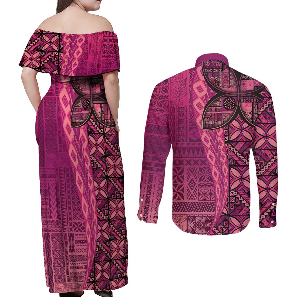 Samoan Pacific Tribal Flower Geometric Art Tattoos Couples Matching Off Shoulder Maxi Dress and Long Sleeve Button Shirt Siapo Pattern Romantic Rose - Polynesian Pride
