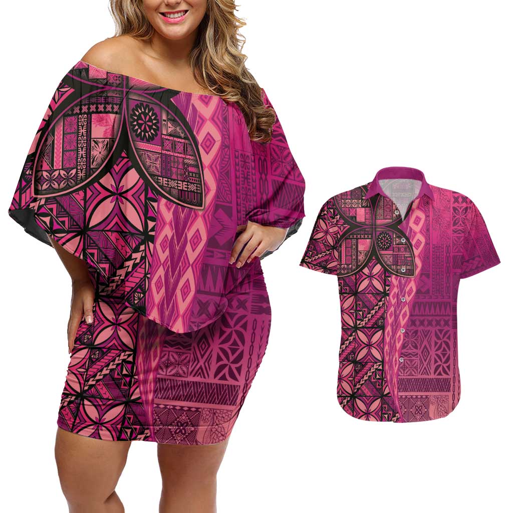 Samoan Pacific Tribal Flower Geometric Art Tattoos Couples Matching Off Shoulder Short Dress and Hawaiian Shirt Siapo Pattern Romantic Rose - Polynesian Pride