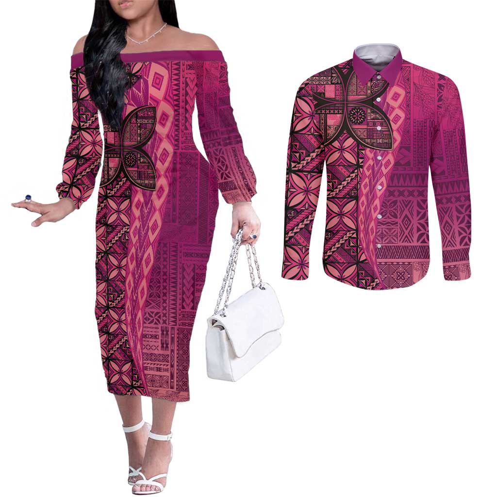 Samoan Pacific Tribal Flower Geometric Art Tattoos Couples Matching Off The Shoulder Long Sleeve Dress and Long Sleeve Button Shirt Siapo Pattern Romantic Rose - Polynesian Pride