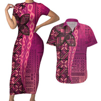 Samoan Pacific Tribal Flower Geometric Art Tattoos Couples Matching Short Sleeve Bodycon Dress and Hawaiian Shirt Siapo Pattern Romantic Rose - Polynesian Pride