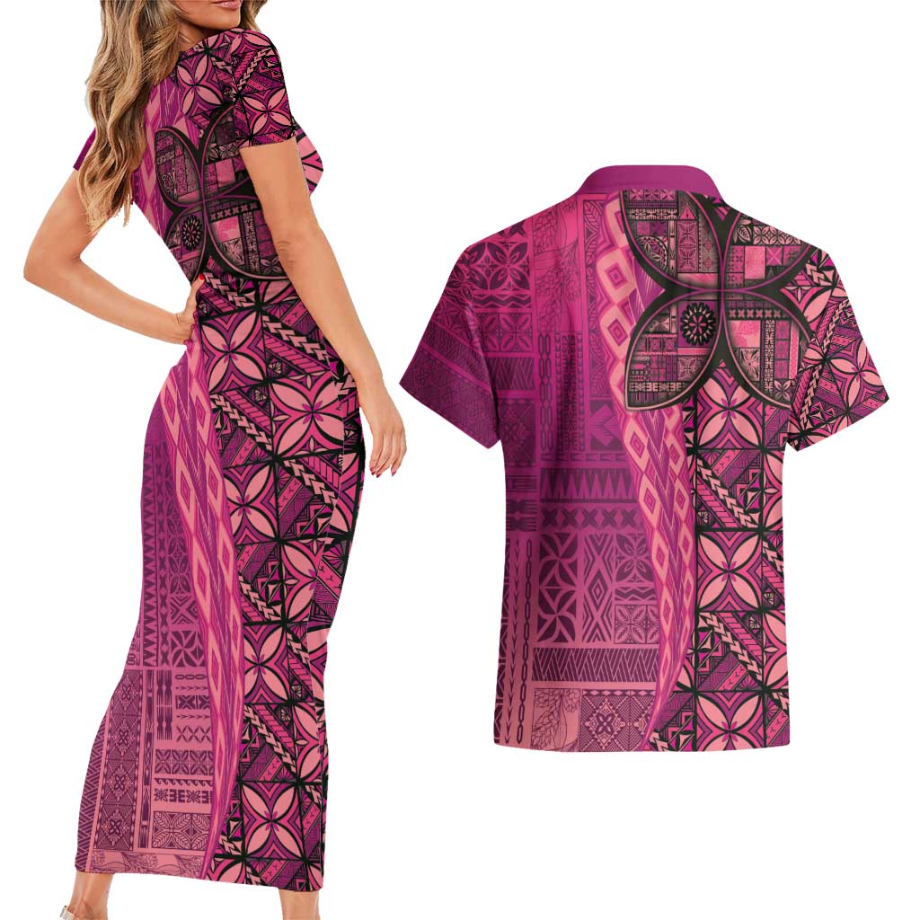 Samoan Pacific Tribal Flower Geometric Art Tattoos Couples Matching Short Sleeve Bodycon Dress and Hawaiian Shirt Siapo Pattern Romantic Rose - Polynesian Pride