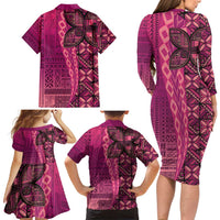 Samoan Pacific Tribal Flower Geometric Art Tattoos Family Matching Long Sleeve Bodycon Dress and Hawaiian Shirt Siapo Pattern Romantic Rose - Polynesian Pride
