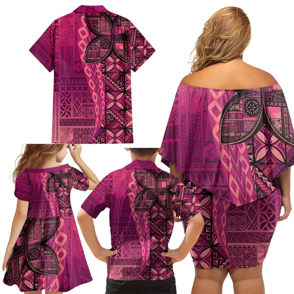 Samoan Pacific Tribal Flower Geometric Art Tattoos Family Matching Off Shoulder Short Dress and Hawaiian Shirt Siapo Pattern Romantic Rose - Polynesian Pride