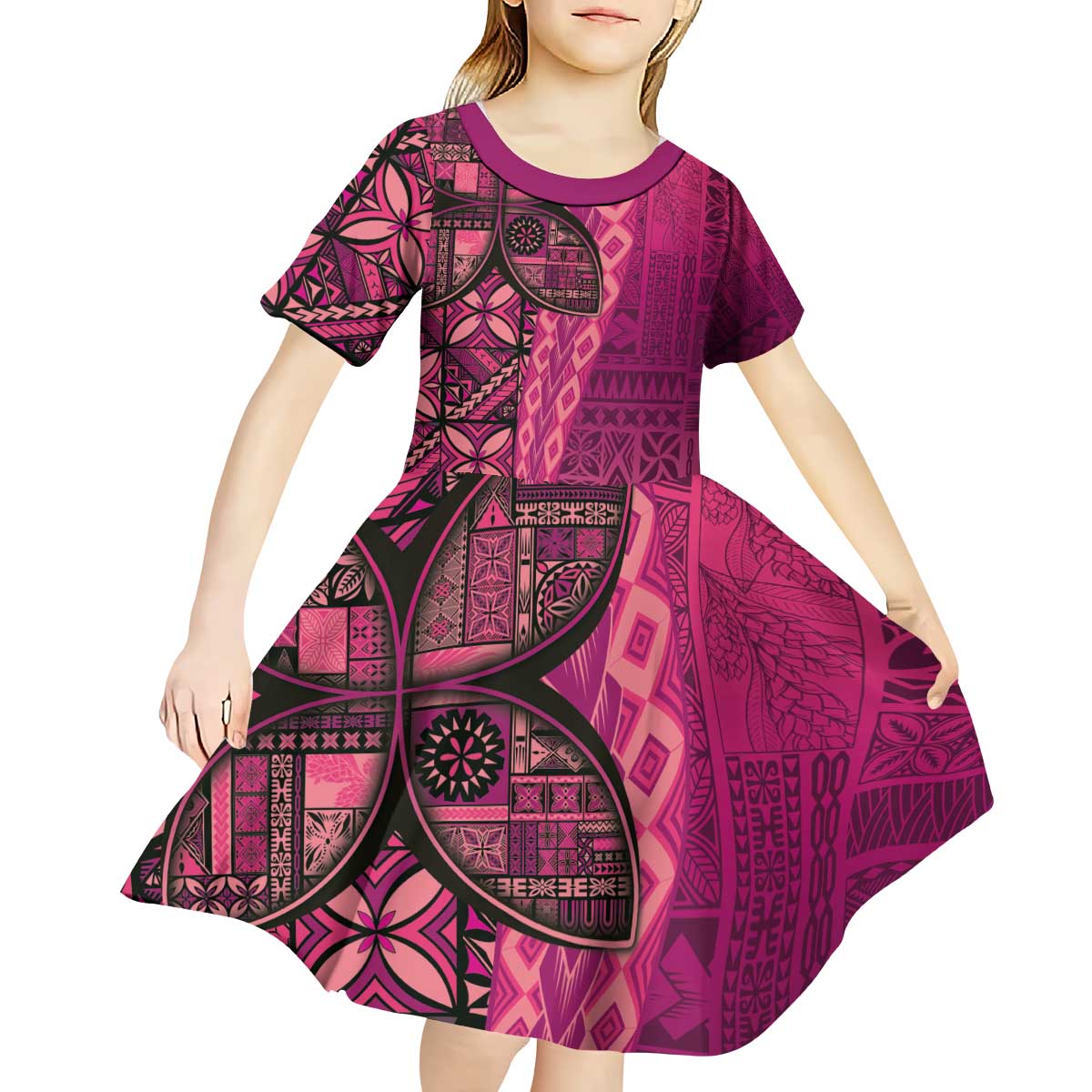 Samoan Pacific Tribal Flower Geometric Art Tattoos Kid Short Sleeve Dress Siapo Pattern Romantic Rose - Polynesian Pride