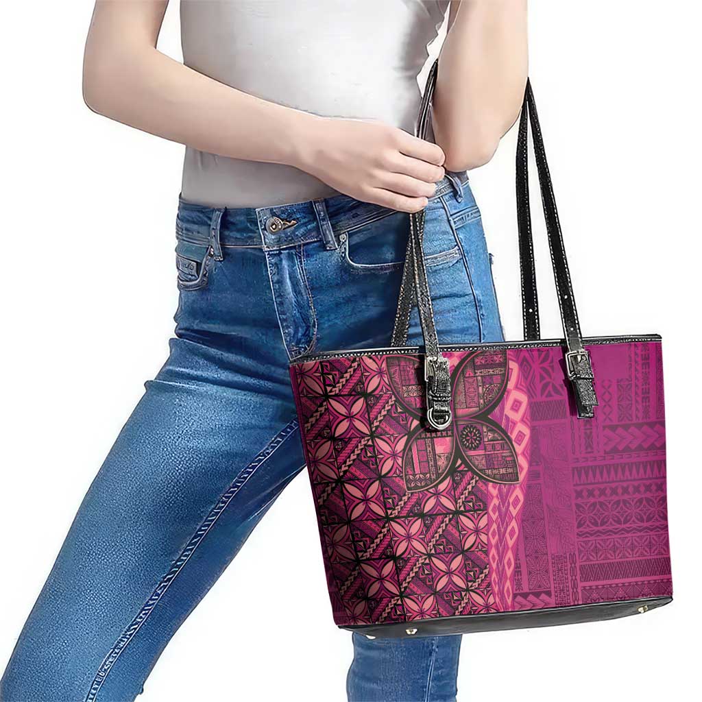 Samoan Pacific Tribal Flower Geometric Art Tattoos Leather Tote Bag Siapo Pattern Romantic Rose - Polynesian Pride