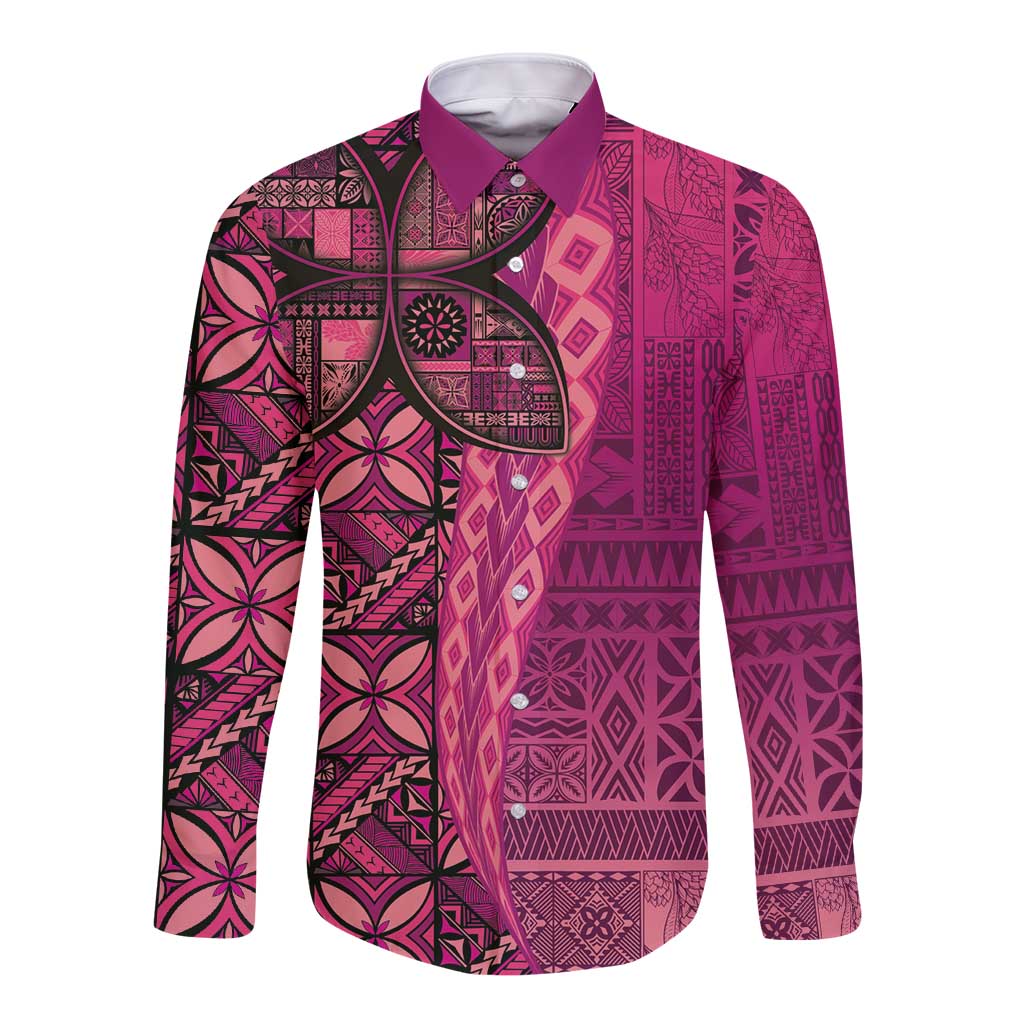 Samoan Pacific Tribal Flower Geometric Art Tattoos Long Sleeve Button Shirt Siapo Pattern Romantic Rose - Polynesian Pride