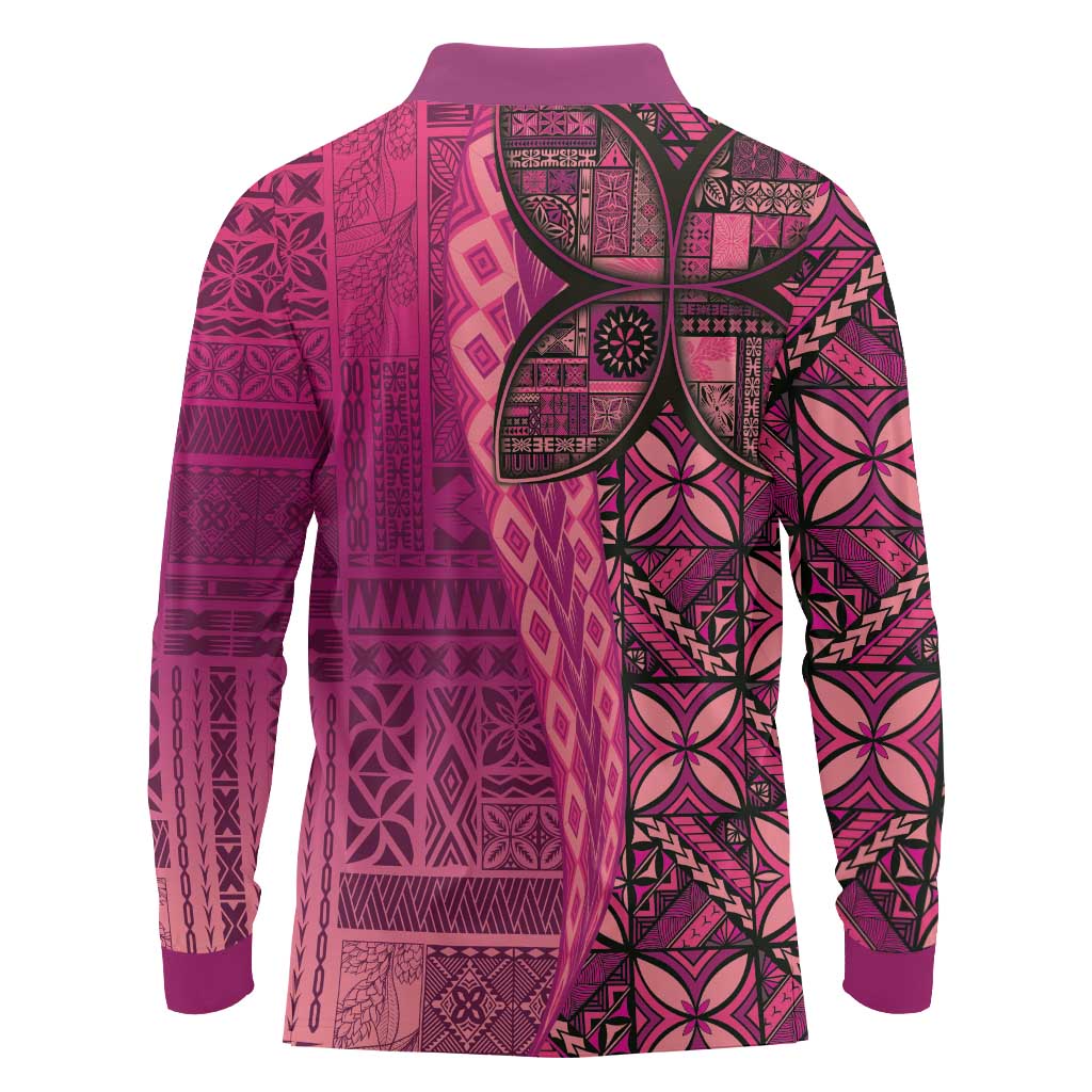 Samoan Pacific Tribal Flower Geometric Art Tattoos Long Sleeve Polo Shirt Siapo Pattern Romantic Rose - Polynesian Pride