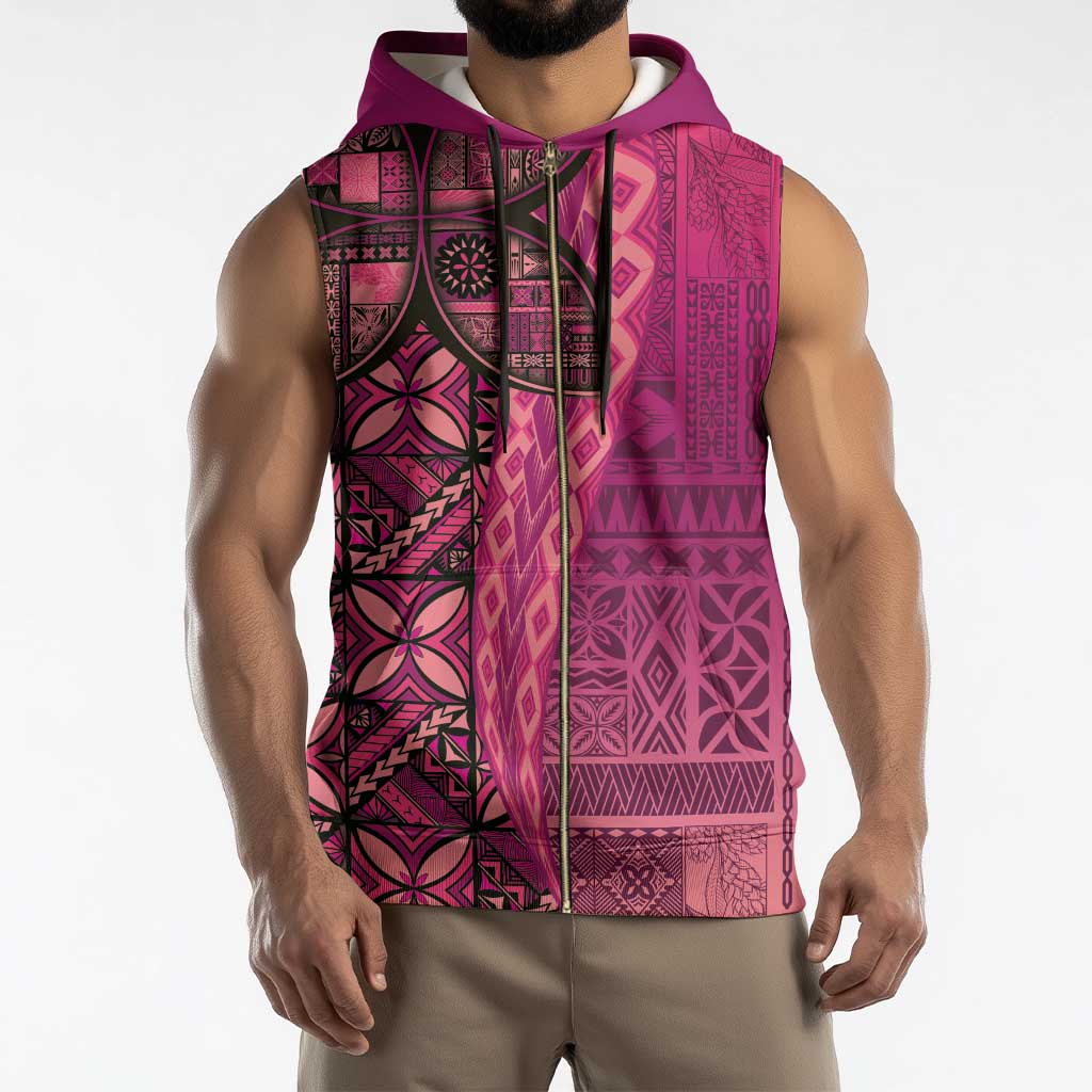 Samoan Pacific Tribal Flower Geometric Art Tattoos Sleeveless Zip Hoodie Siapo Pattern Romantic Rose - Polynesian Pride