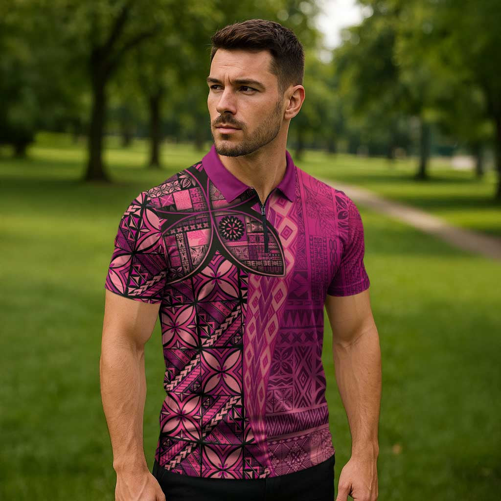 Samoan Pacific Tribal Flower Geometric Art Tattoos Zipper Polo Shirt Siapo Pattern Romantic Rose - Polynesian Pride