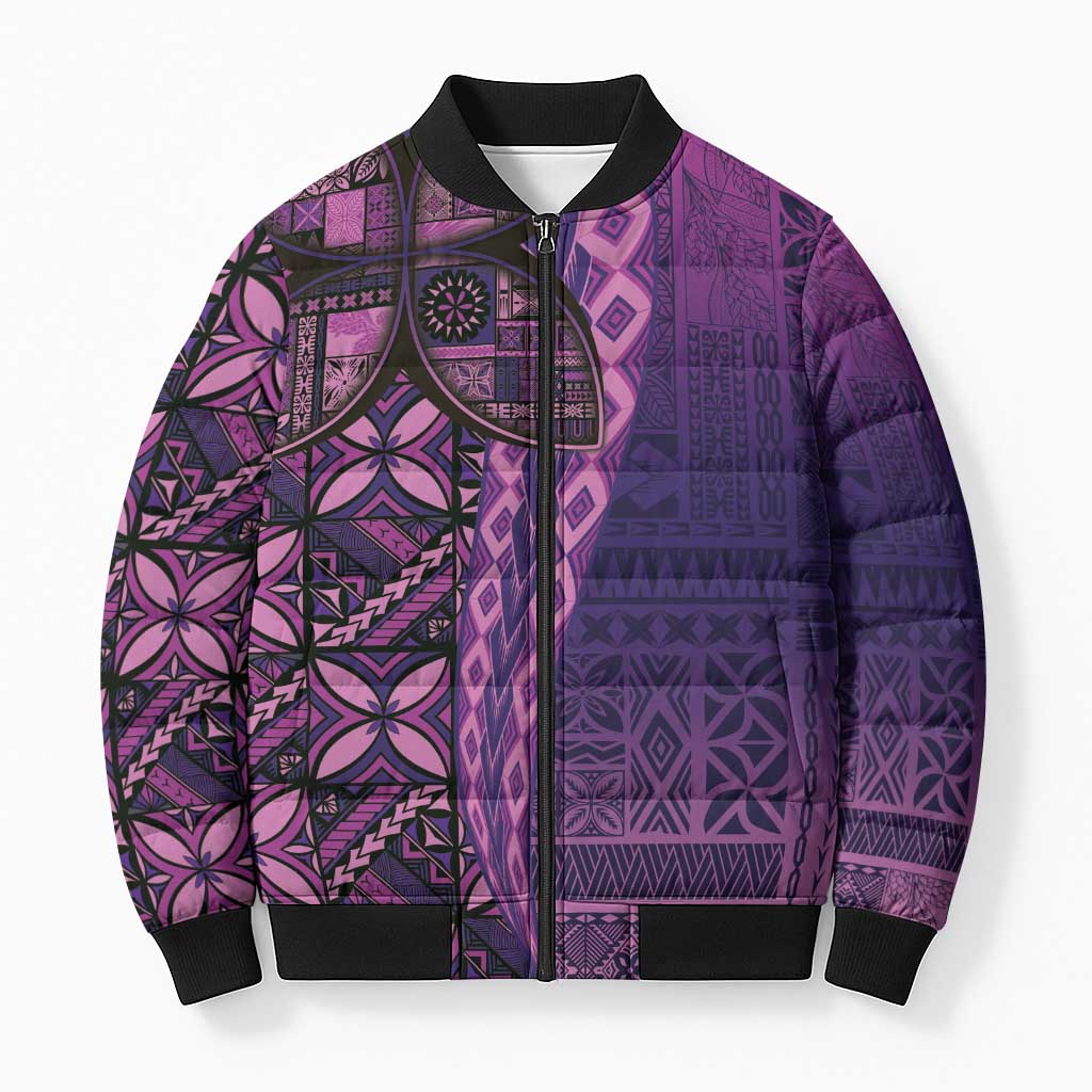 Samoan Pacific Tribal Flower Geometric Art Tattoos Bomber Puffer Jacket Siapo Pattern Purple Haze - Polynesian Pride