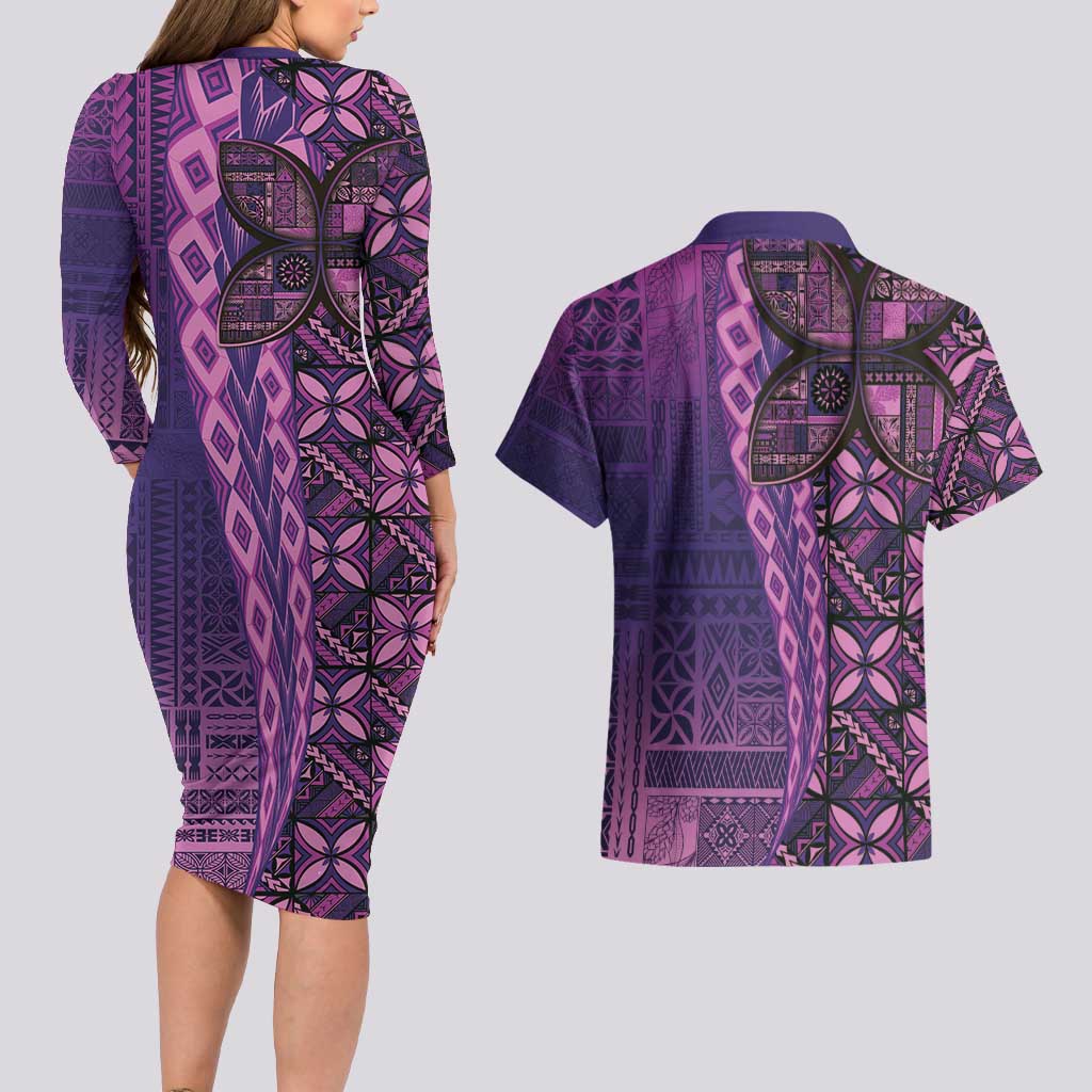 Samoan Pacific Tribal Flower Geometric Art Tattoos Couples Matching Long Sleeve Bodycon Dress and Hawaiian Shirt Siapo Pattern Purple Haze - Polynesian Pride