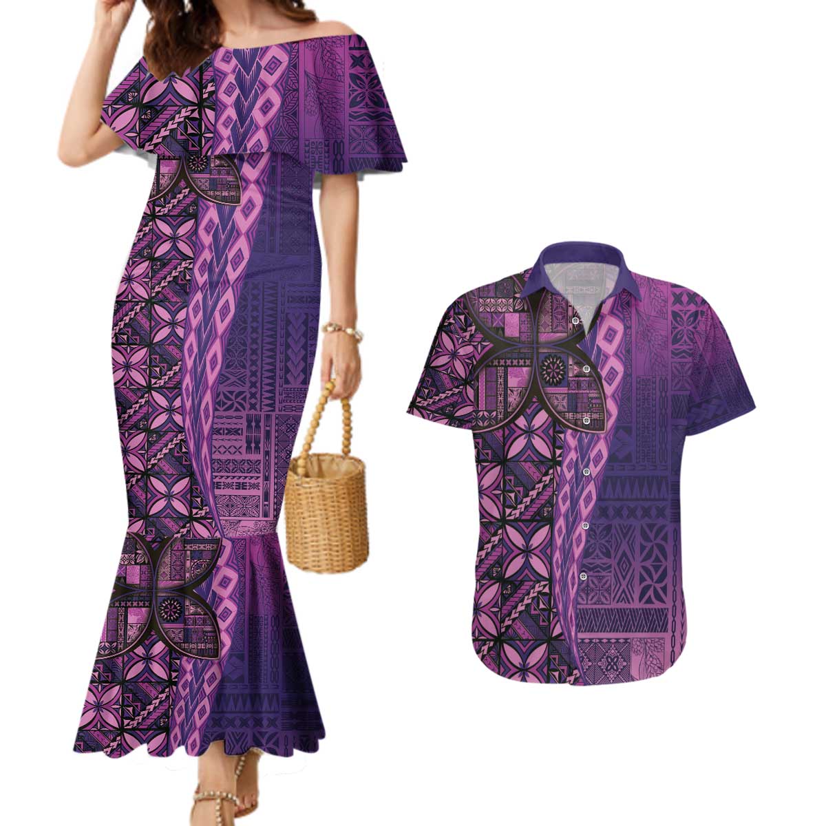 Samoan Pacific Tribal Flower Geometric Art Tattoos Couples Matching Mermaid Dress and Hawaiian Shirt Siapo Pattern Purple Haze - Polynesian Pride