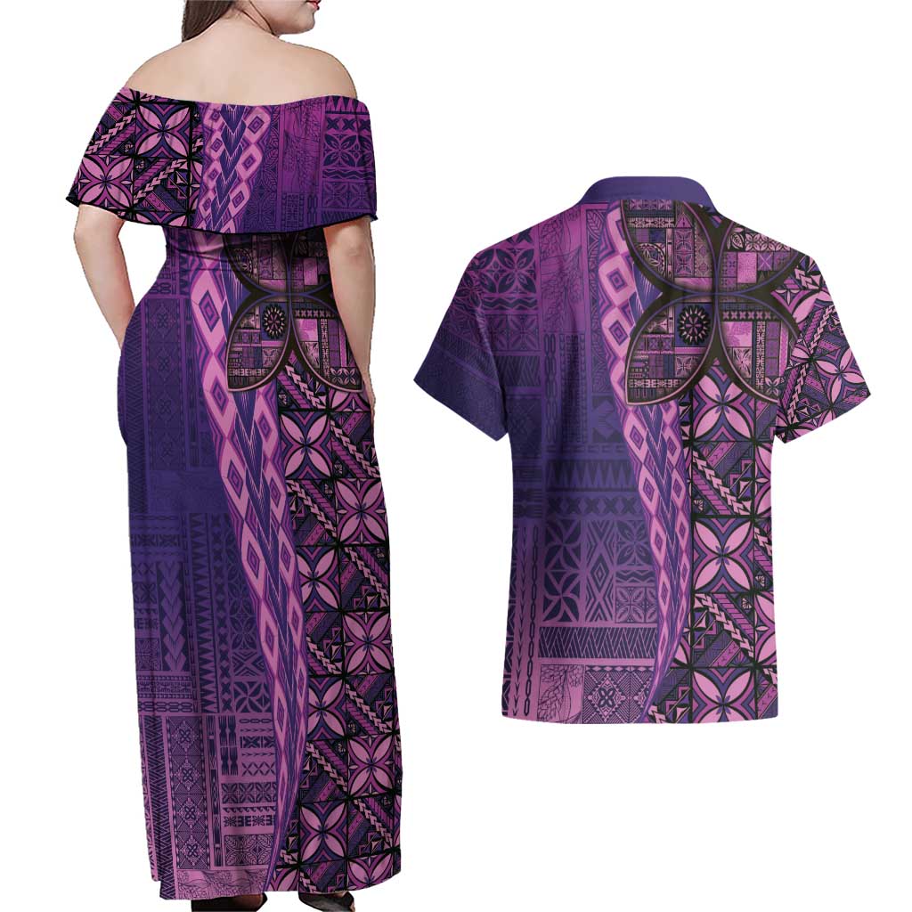Samoan Pacific Tribal Flower Geometric Art Tattoos Couples Matching Off Shoulder Maxi Dress and Hawaiian Shirt Siapo Pattern Purple Haze - Polynesian Pride