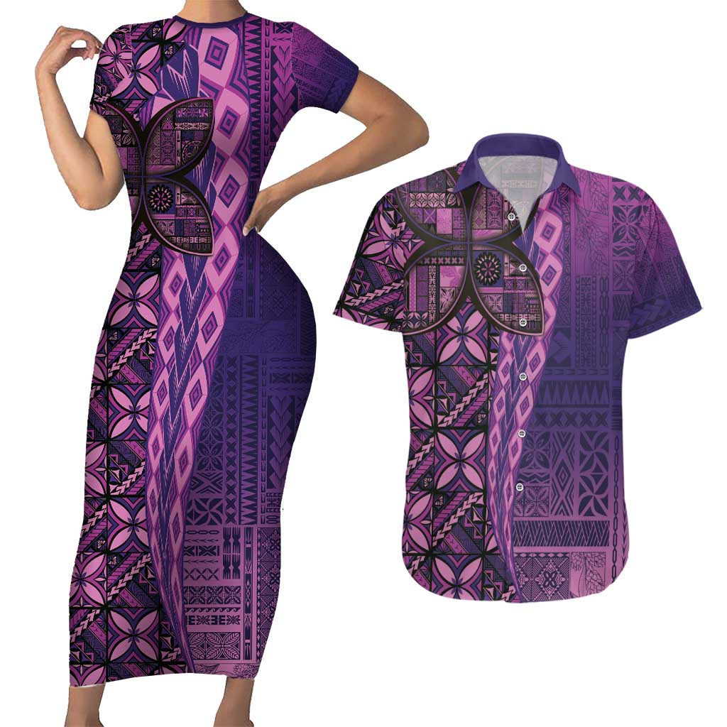 Samoan Pacific Tribal Flower Geometric Art Tattoos Couples Matching Short Sleeve Bodycon Dress and Hawaiian Shirt Siapo Pattern Purple Haze - Polynesian Pride