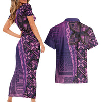 Samoan Pacific Tribal Flower Geometric Art Tattoos Couples Matching Short Sleeve Bodycon Dress and Hawaiian Shirt Siapo Pattern Purple Haze - Polynesian Pride