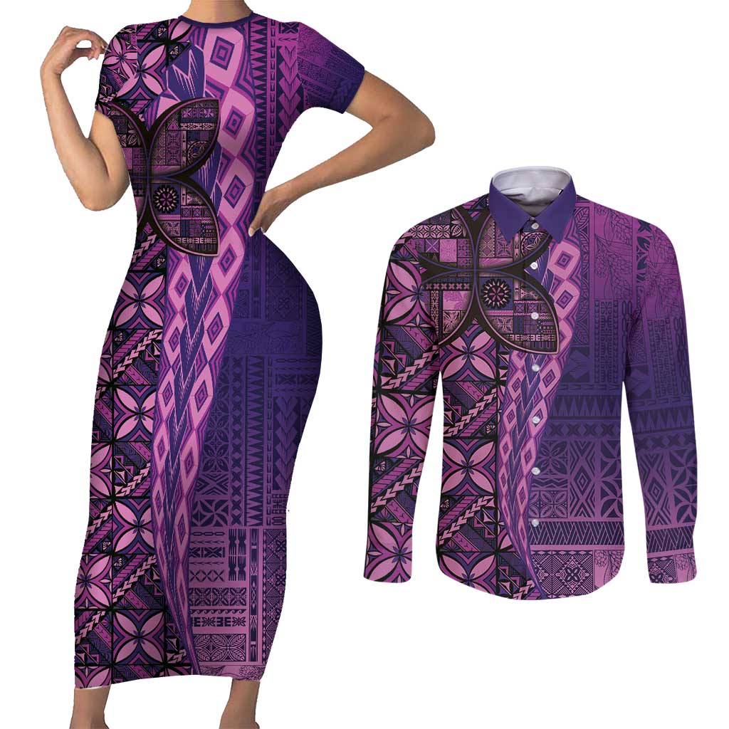 Samoan Pacific Tribal Flower Geometric Art Tattoos Couples Matching Short Sleeve Bodycon Dress and Long Sleeve Button Shirt Siapo Pattern Purple Haze - Polynesian Pride